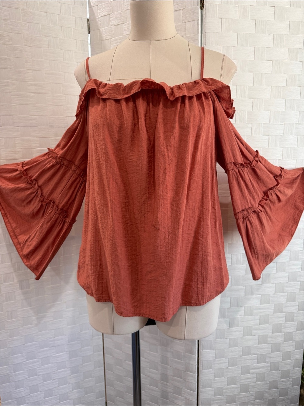 Off-Shoulder Ruffle Bell-Sleeve Top in Rust